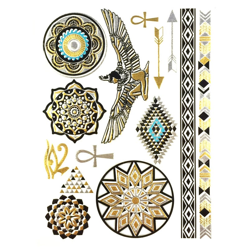 Allydrew Large Metallic Gold Silver and Black Body Art Temporary Tattoos, Circle Motifs, Hieroglyphs_2 - Image 1